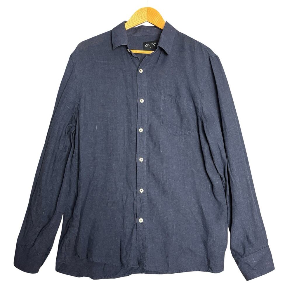ORTC Mens Large 100% Linen Button Front Shirt Navy Long Sleeve Casual Coastal